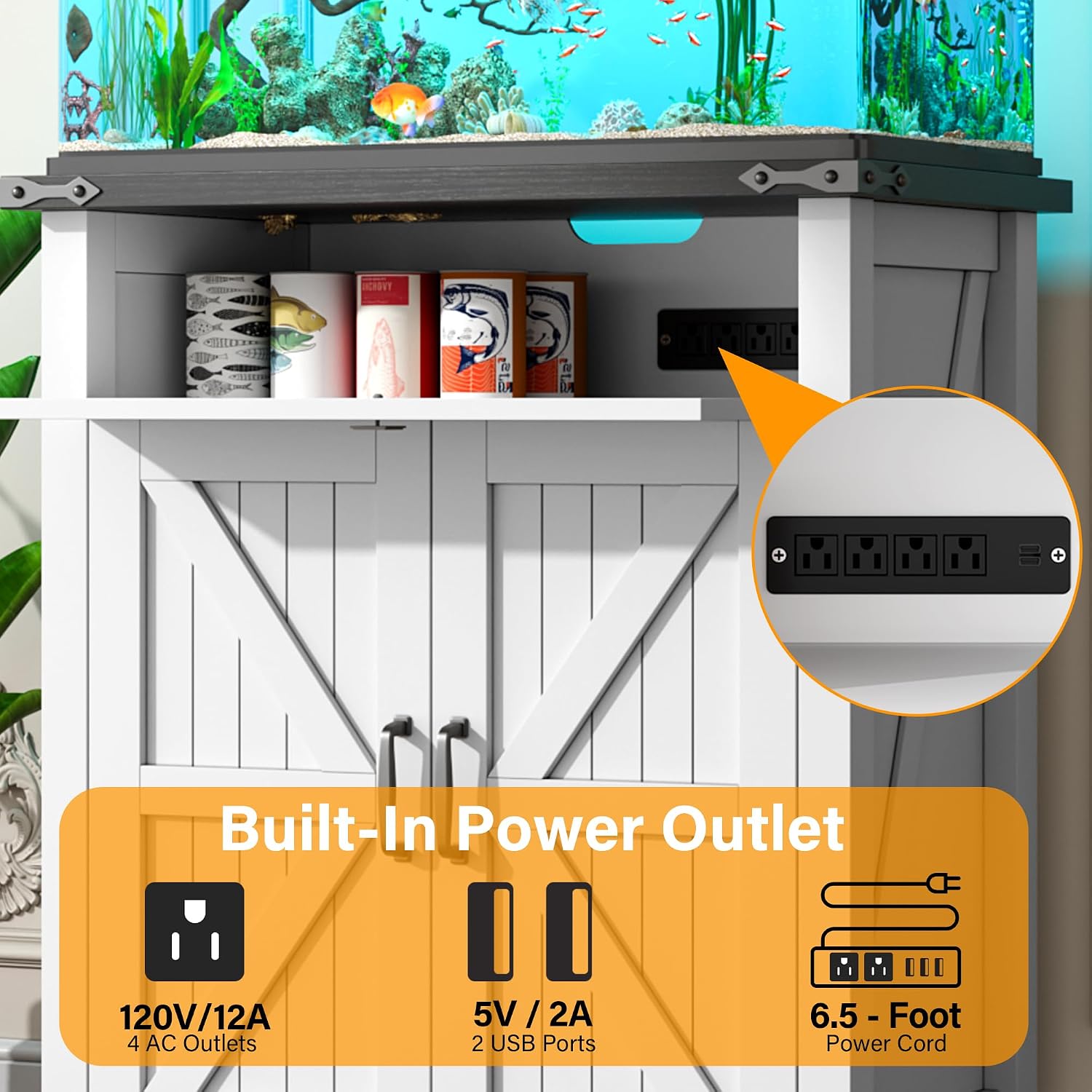 kepptory 20 Gallon Fish Tank Stand with Power Outlets, Farmhouse Decorative Aquarium Stand Furniture with Adjustable Shelves and Storage Cabinet, 10 Reptile Turtle Tank Stand (White, 20GL)