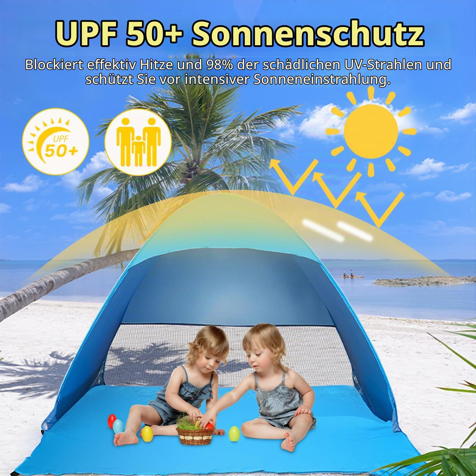 Strandmuschel Pop Up, Tragbares Automatisches Wasserdichtes Schattenzelt, UPF 50+ Strandzelt für 1-3 Persone, Pop-up Wasserdicht tragbar Wurfzelt, Beach Zelt für Camping Garten Strand
