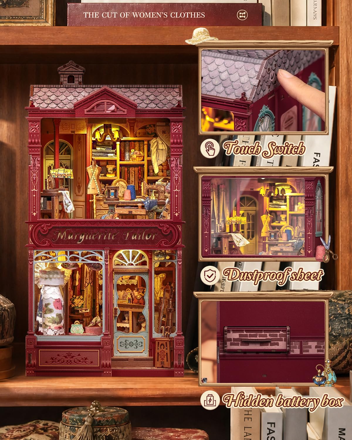 CUTEBEE Europejski sklep krawiecki w stylu retro, drewniany kącik na książki, zestaw do samodzielnego wykonania, miniaturowy dom, puzzle, model 3D, zestaw do budowania dla dorosłych, rękodzieło