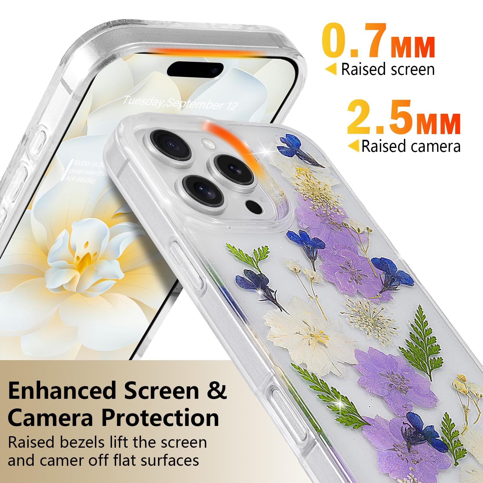 Abbery Custodia Per IPhone 12 Pro Max Con Fiori Secchi Viola, Trasparente, Morbida, Unica Fatte A Mano