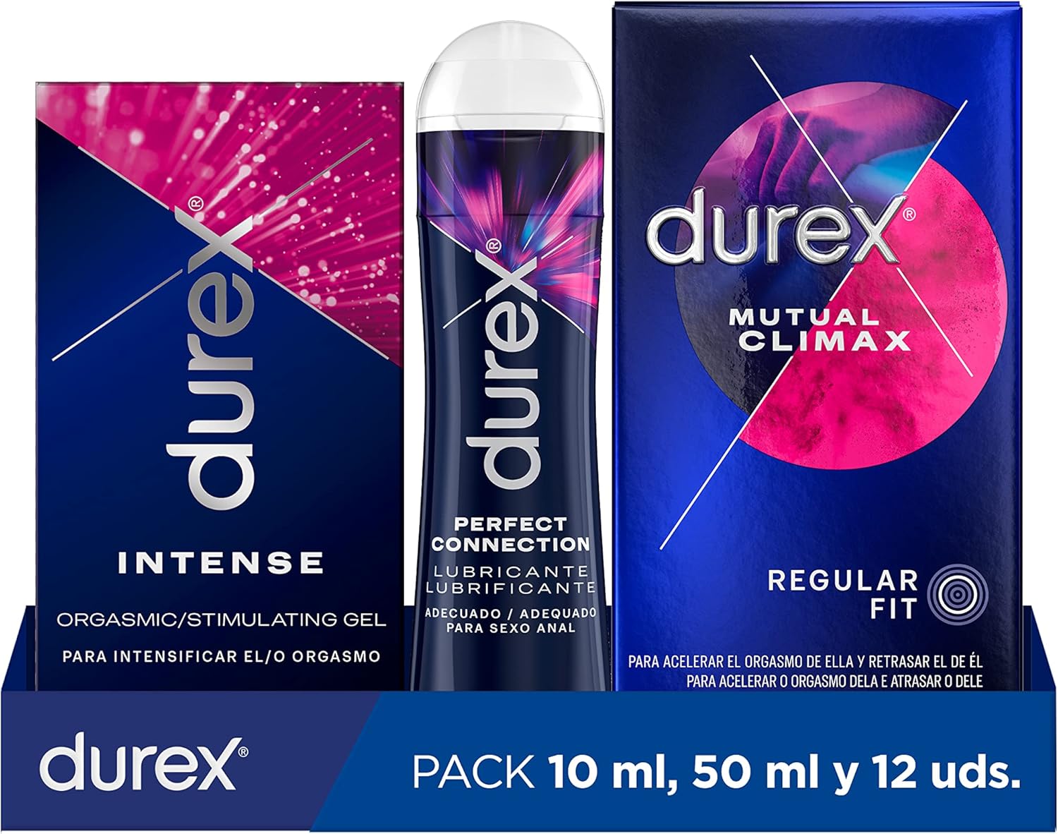 Pack Durex con preservativos Intense, Mutual Climax y lubricante Perfect Connection por 26,91€