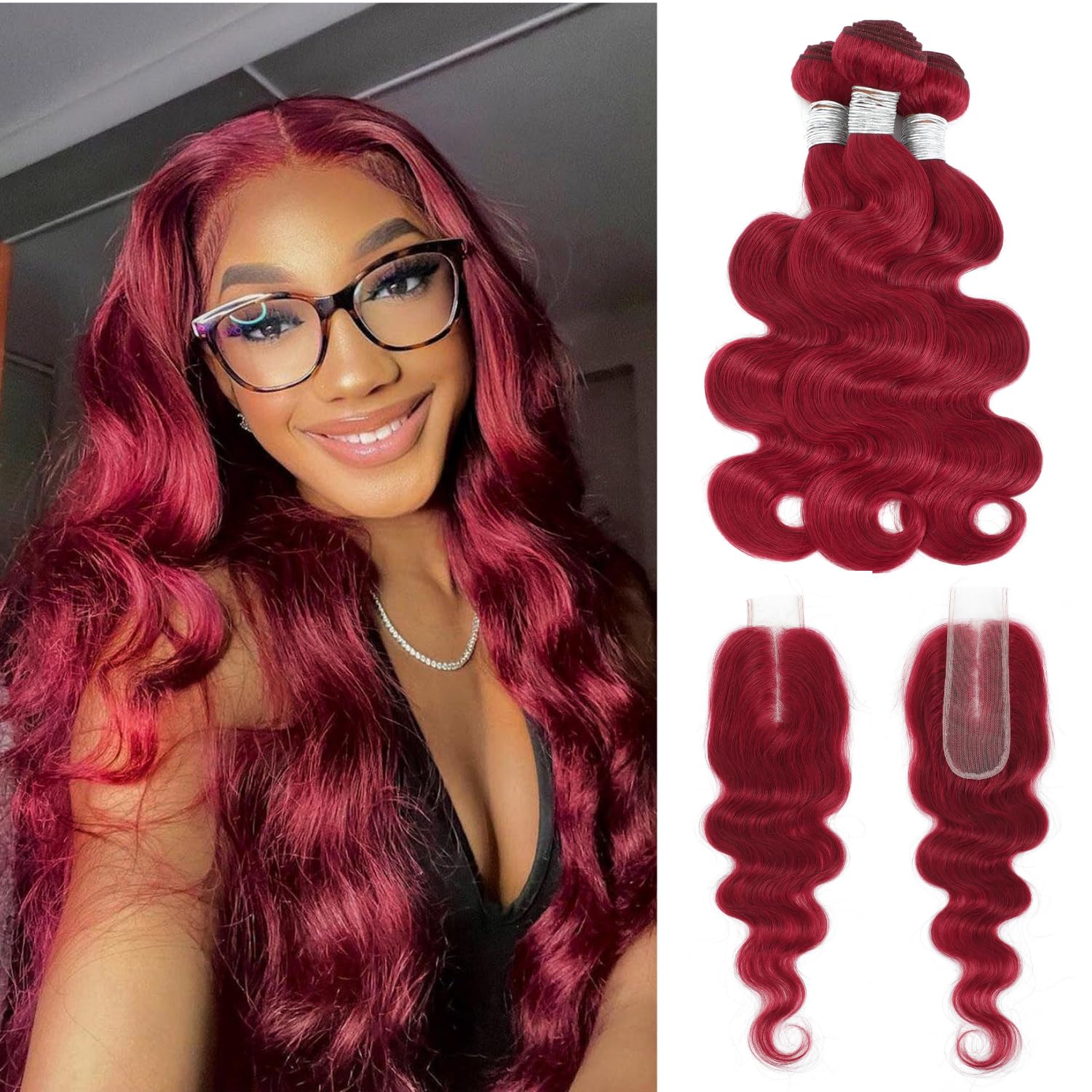 Anmetan Red Burgundy Bundles with Closure Human Hair Body Wave, Thick 3 Bundles with 2x6 Closure Human Hair HD Transparent Lace Deep Part Colored
