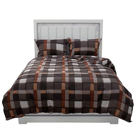 Fabture Fleece Warm Brown Check Double Bedsheet with Pillow Covers for Winters (Brown)