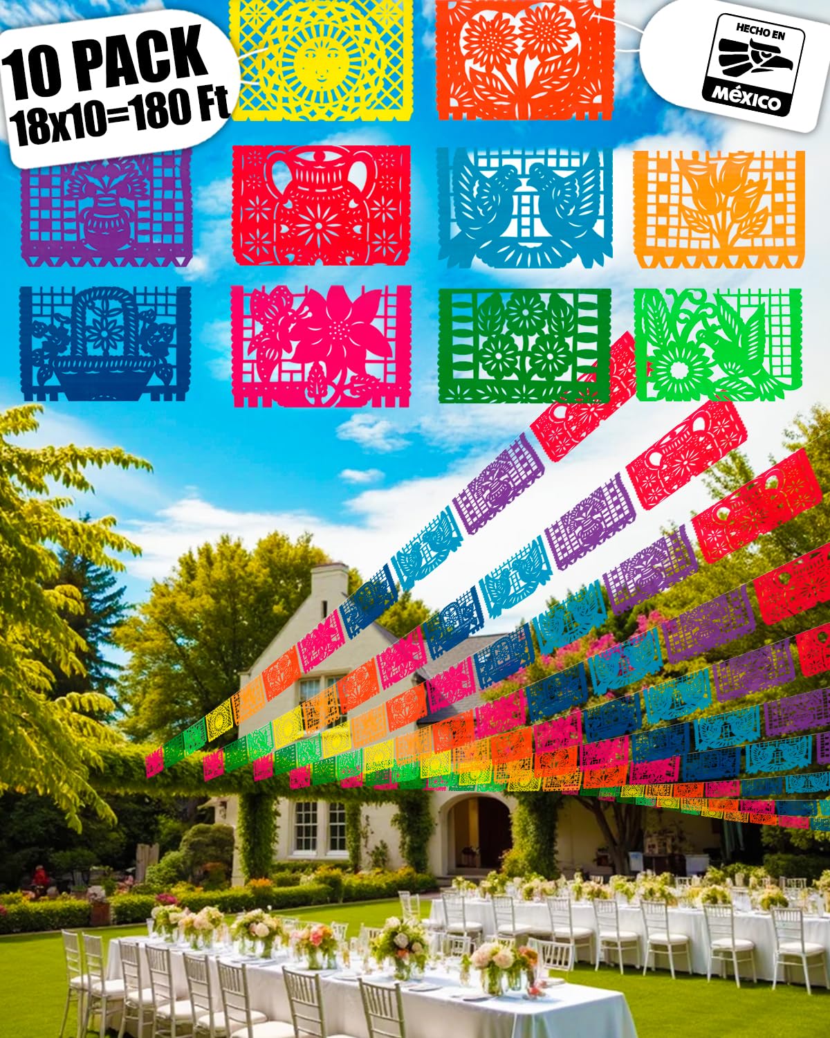 Carteles de fiesta mexicana de 180 pies (paquete de 10 con 10 banderas de plástico por pancarta) – Papel Picado Mexicano para Fiesta – Papel Picado de plástico – Decoraciones de fiesta temática de