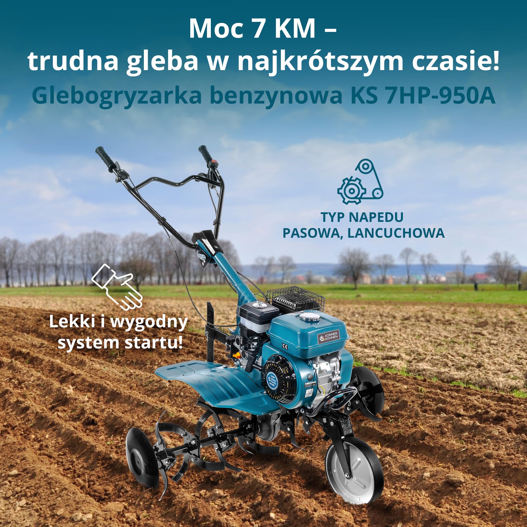 Glebogryzarka benzynowa Könner & Söhnen KS 7HP-950A Kultywator spalinowy z paskiem, napędem łańcuchowym, kutymi nożami szablastymi, regulowanym napędem, 2 biegi do przodu, do tyłu, szerokość robocza 108 cm, głębokość robocza ≤ 31 cm, 7,0 KM do wszystkich