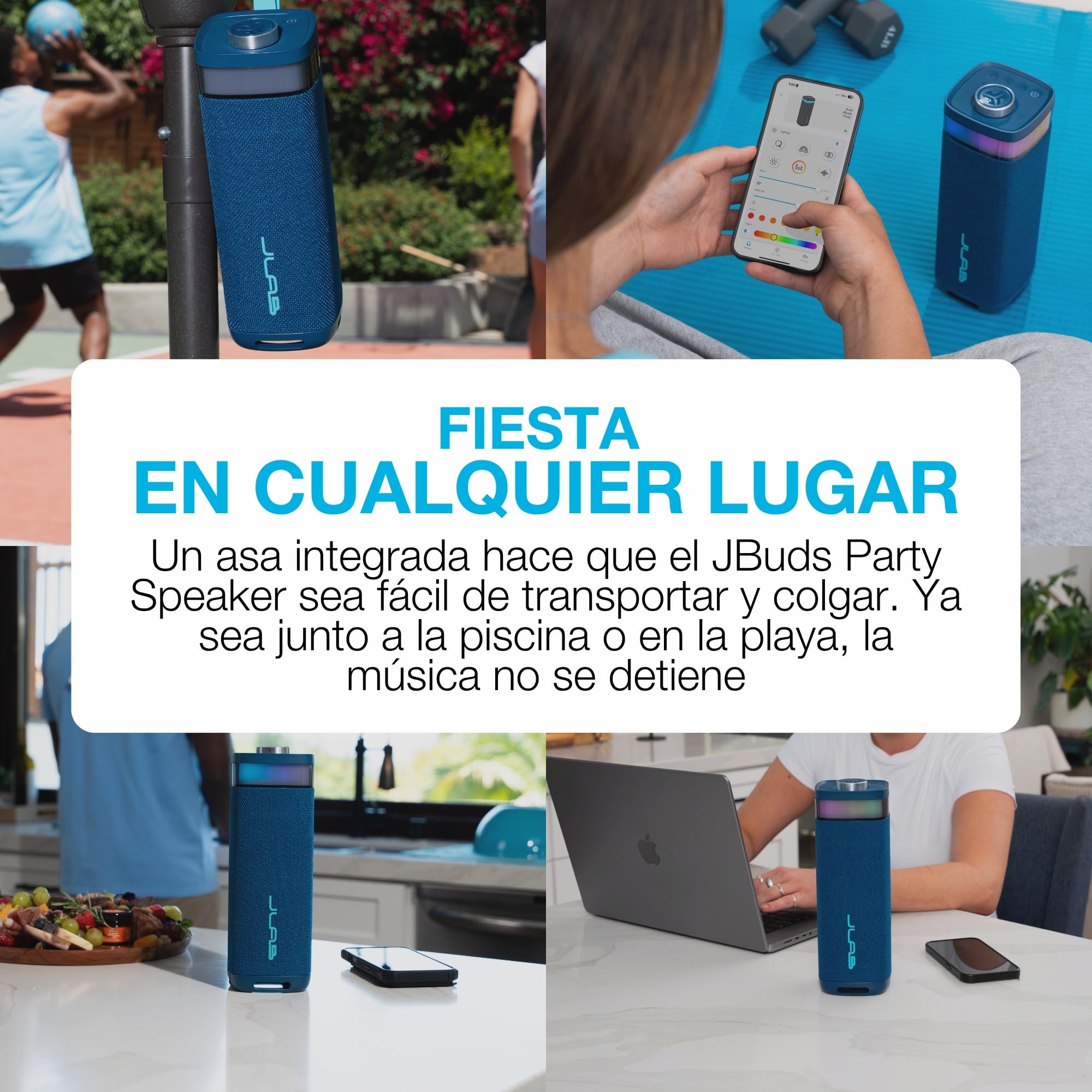 JLab JBuds Party Altavoz Bluetooth Portátil - 12H+, Azul Marino | Altavoz Inalámbrico 30W para Exteriores y Viajes con Luces RGB y Audio Potente, Resistente al Agua IP56