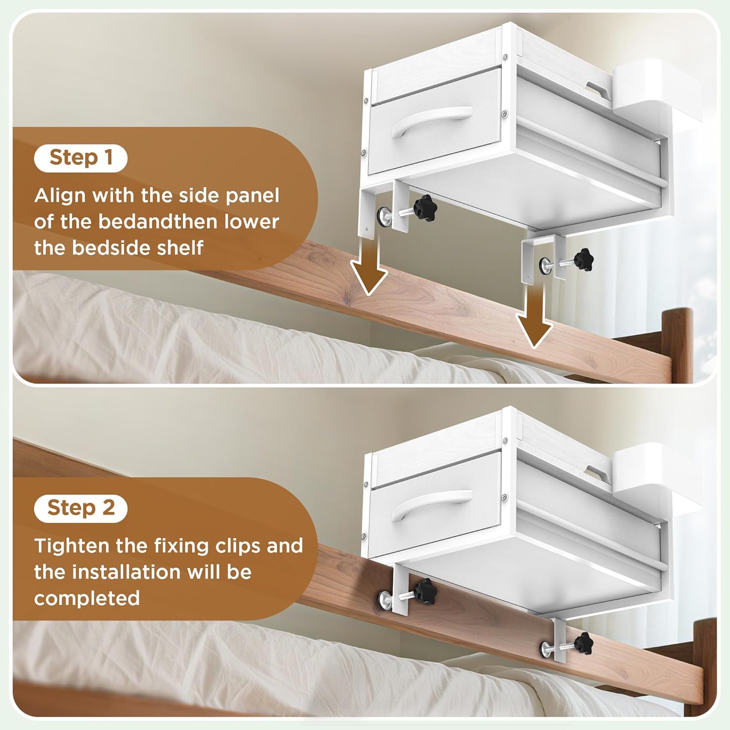 2 Tier Bedside Shelf for Dorm Bunk Bed, Under Mattress Bedside Shelf Clip On Nightstand with Fabric Drawer, Bed Side Table Tray Organizer, Bedside Tray with Cable Management, Back to School (white)