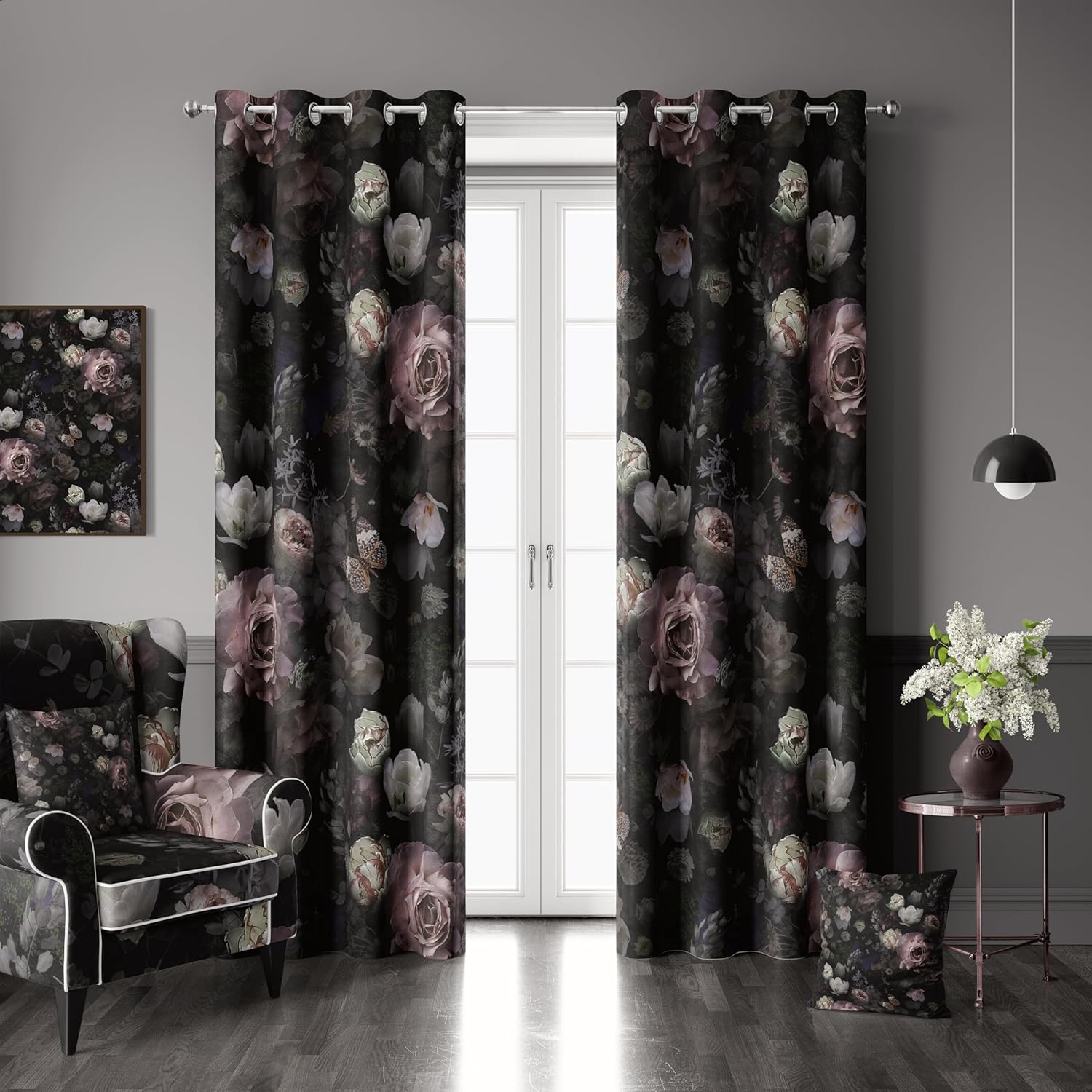 100% Blackout Curtains 2 Panels Set Black Pink Floral Rose Black Out Curtain Gothic Chic Dark Thermal Insulated Window Treatments Decor for Living Room Bedroom Darkening Curtain 52×84 Inch