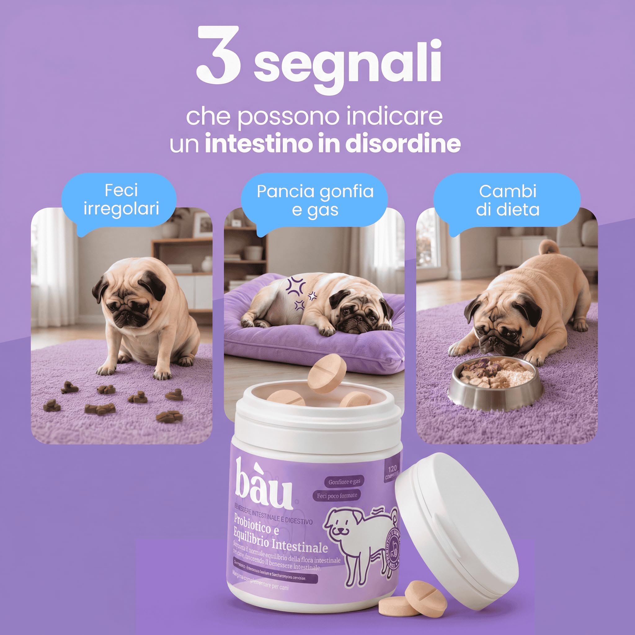 Bau Probiotici per Cani, Fermenti Lattici Cane, Supporto Gastrointestinale Cane, Probiotico Digestivo per Cani Prurito, Integratore Diarrea Cane con Ingredienti Naturali, Probiotico Cane (120)
