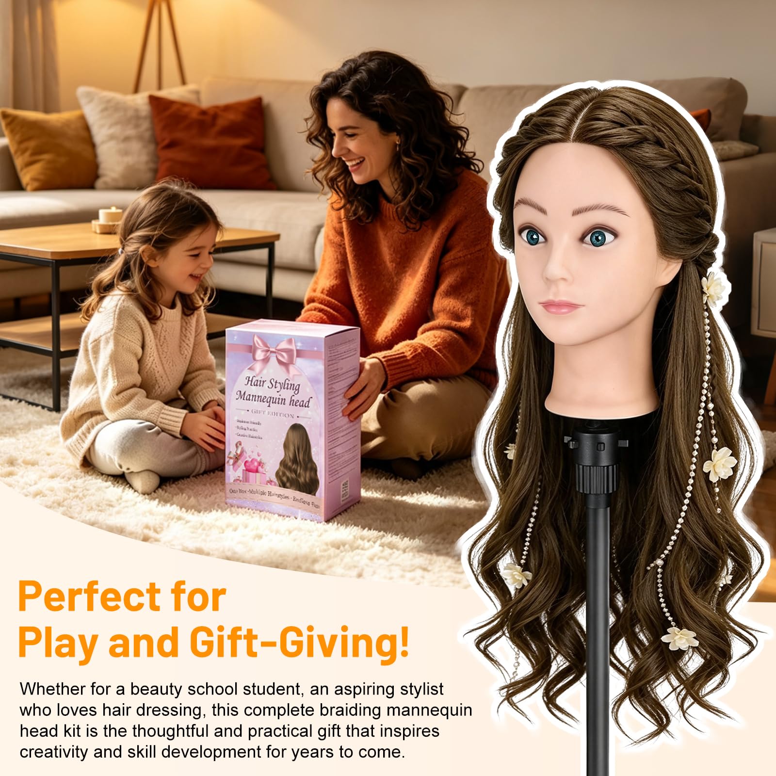 Friseur Kopf Frisierkopf 100% Echthaar 20 Zoll Trainingsköpfe für Friseure Friseurkopf Übungskopf Puppen Kopf zum Frisieren Kosmetik Puppenkopf Mannequin kopf mit Tischhalter + Haare Zubehör
