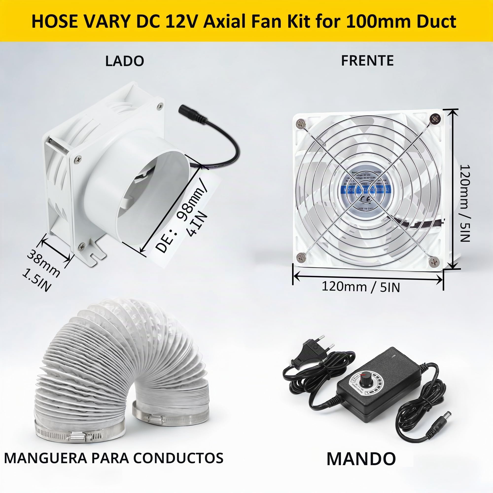 Ventilador Axial 3000 RPM 120 * 38MM DC Extractor Ventilador con Tubo de Conducto de 2M, Regulador de Velocidad Continuo para Láser 3D, Tienda de Cultivo