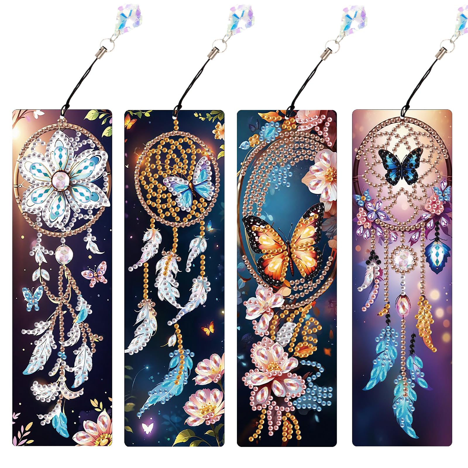 4 Pack Diamond Painting Bookmarks for Adults, 5D DIY Diamond Art Bookmark Kit with Tassels, Rhinestone Craft Supplies for Reading Lovers, Dreamcatcher &amp; Butterfly Designs