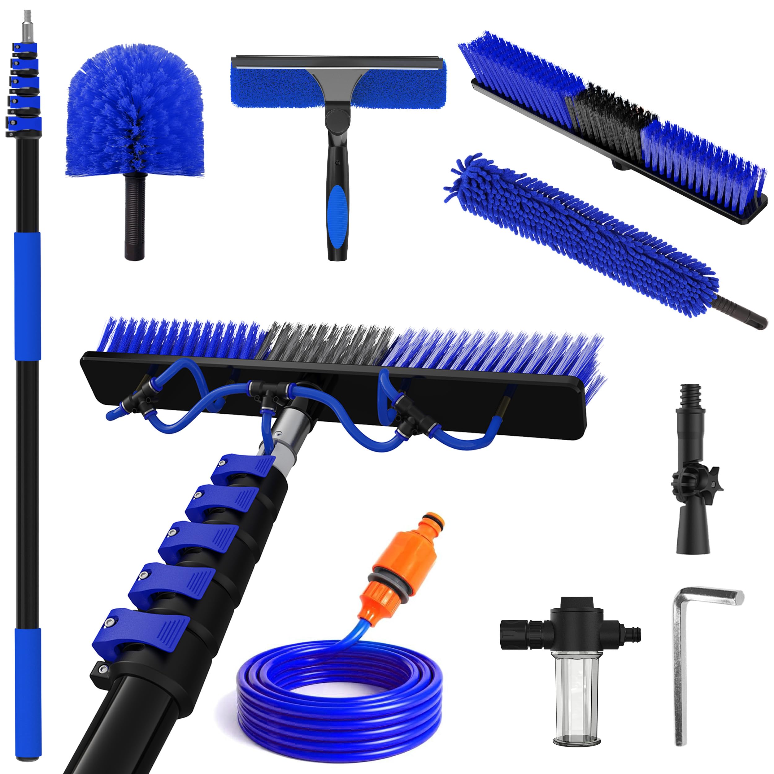 30FT Reach Solar Panel Cleaning Brush Kit with 5-24FT Telescoping Pole, 40FT Hose, 20" Water Fed Brush, Soap Dispenser, Cobweb Duster, Squeegee & High Ceiling Duster for Roof, RV, Gutter, Boat, Deck