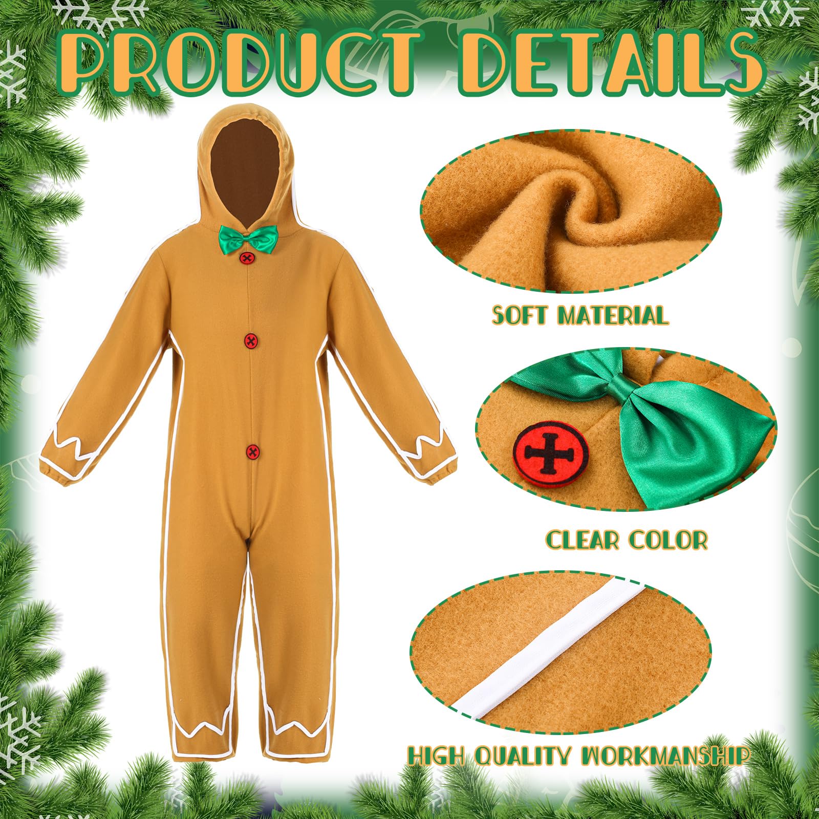 Disfraz de hombre de jengibre para niños, ropa para el hogar, traje de Navidad de pan de jengibre, body con capucha unisex (clásico, 5-6 años) 2