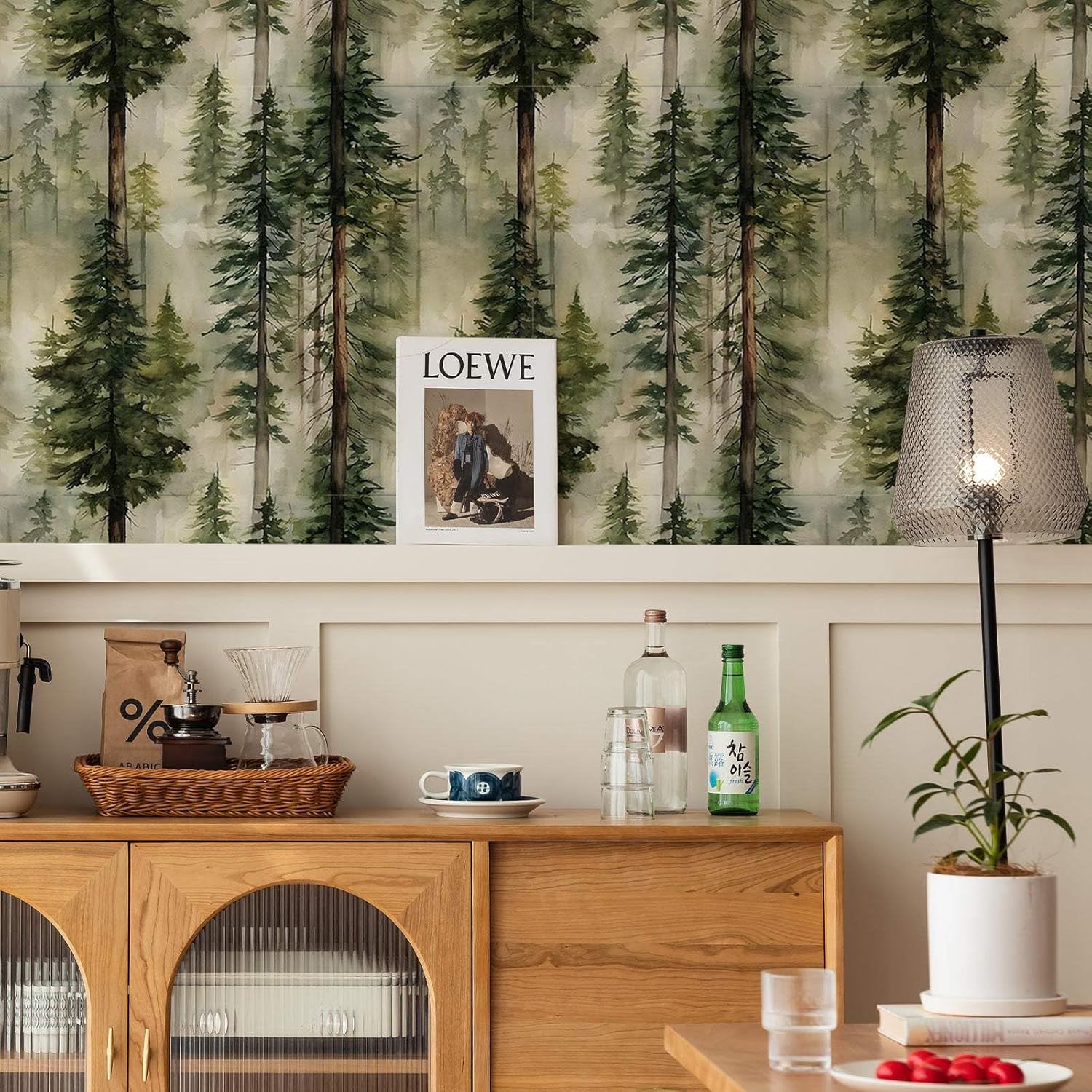 Forest Pine Trees Peel and Stick Wallpaper, Watercolor Woodland Wallpaper for Home Decor | Self-Adhesive, Waterproof Vinyl, 17.7" x 236"