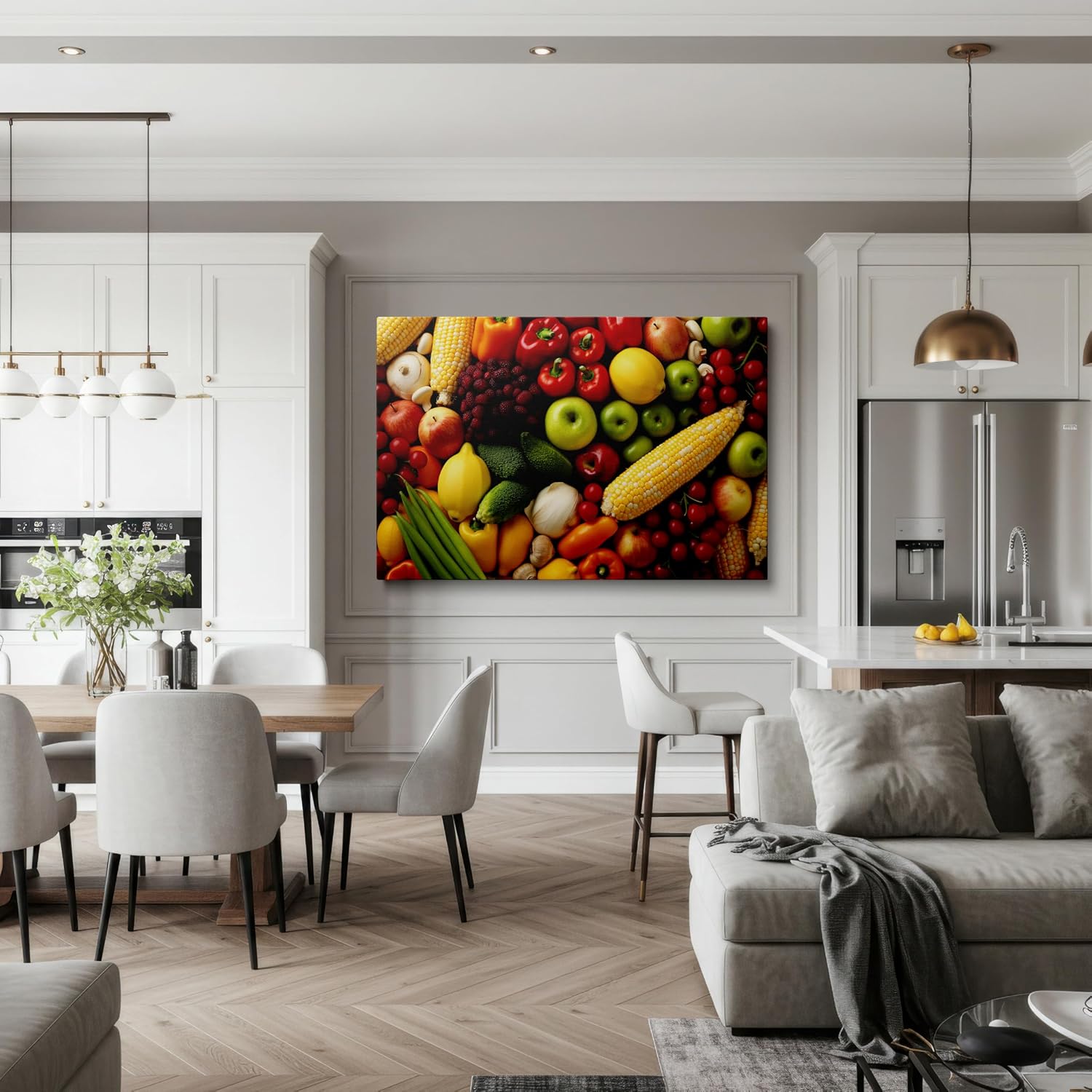 A Vibrant Tribute To Nature's Bounty With Luminous Apples, Glistening Corn, And Crisp Peppers Large, Decor, Office Wall. Size: 130x86 cm (51x34 inch) Canvas Wall Art - Modern Home Decor