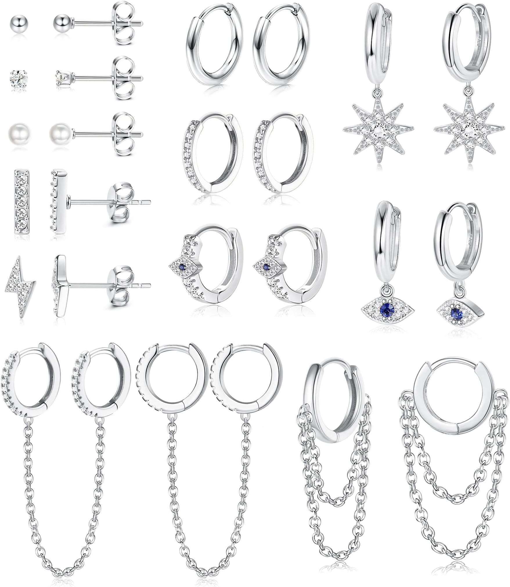 YADOCA12 Pairs Dangle Hoop Earring Small Huggies Hoop Earrings for Women Girls Stainless Steel CZ Pearl Ball Tiny Stud Earring Evil Eye Bar Chain Hoop Earring Set for Women