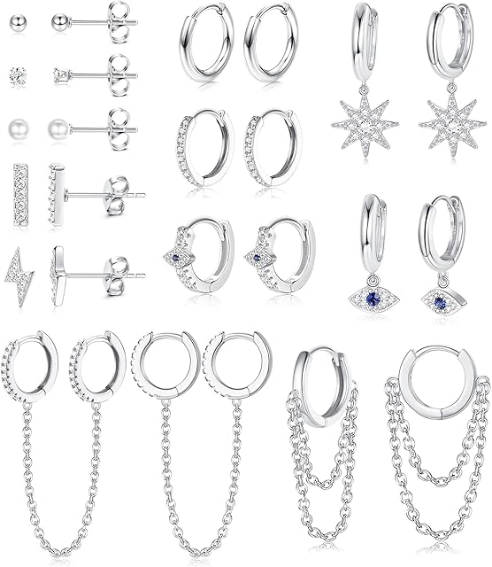 YADOCA 12 Pairs Dangle Hoop Earring Small Huggies Hoop Earrings for Women Girls Stainless Steel CZ Pearl Ball Tiny Stud Earring Evil Eye Bar Chain Hoop Earring Set for Women