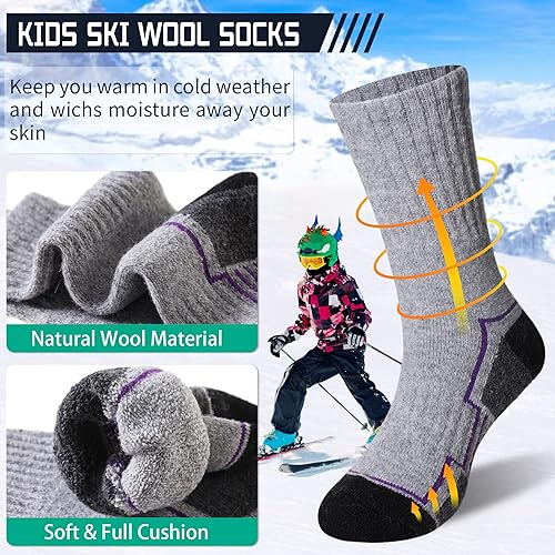 Miniatura 3 de Calcetines de senderismo para niños y niñas, calcetines cálidos de lana merina, calcetines acolchados absorbentes