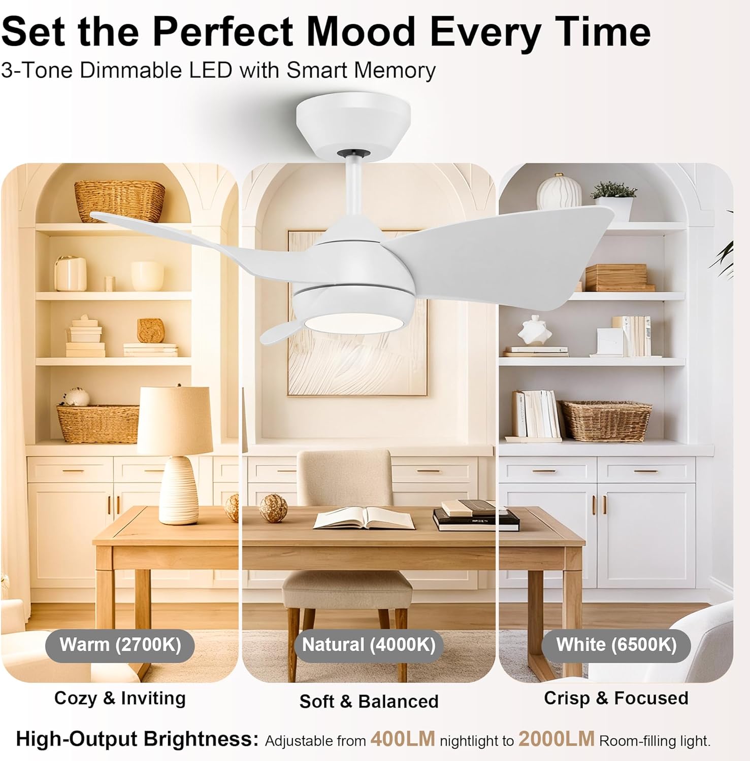 GREENEVER 30" Small Ceiling Fan with Light Remote Control, Quiet 6-Speed Reversible DC Motor, Low Profile Design, 3CCT Dimmable Memory, Modern White Fan for Kids Room Kitchen Laundry Room by GRANDJOY