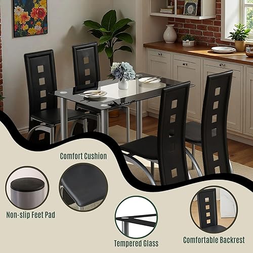 Miniatura 3 de Karl home Juego de mesa de comedor de 5 piezas con 1 mesa de comedor de cristal y 4 sillas de PVC, juego de mesa de comedor moderno para cocina y