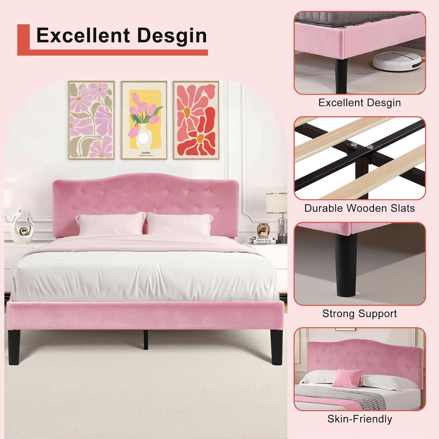 VECELO Queen Size Bed Frame with Upholstered Headboard, Velvet Platform Bedframe Mattress Foundation, Sturdy Wooden Slats Support,No Box Spring Needed Noise Free/Easy Assembly,Pink