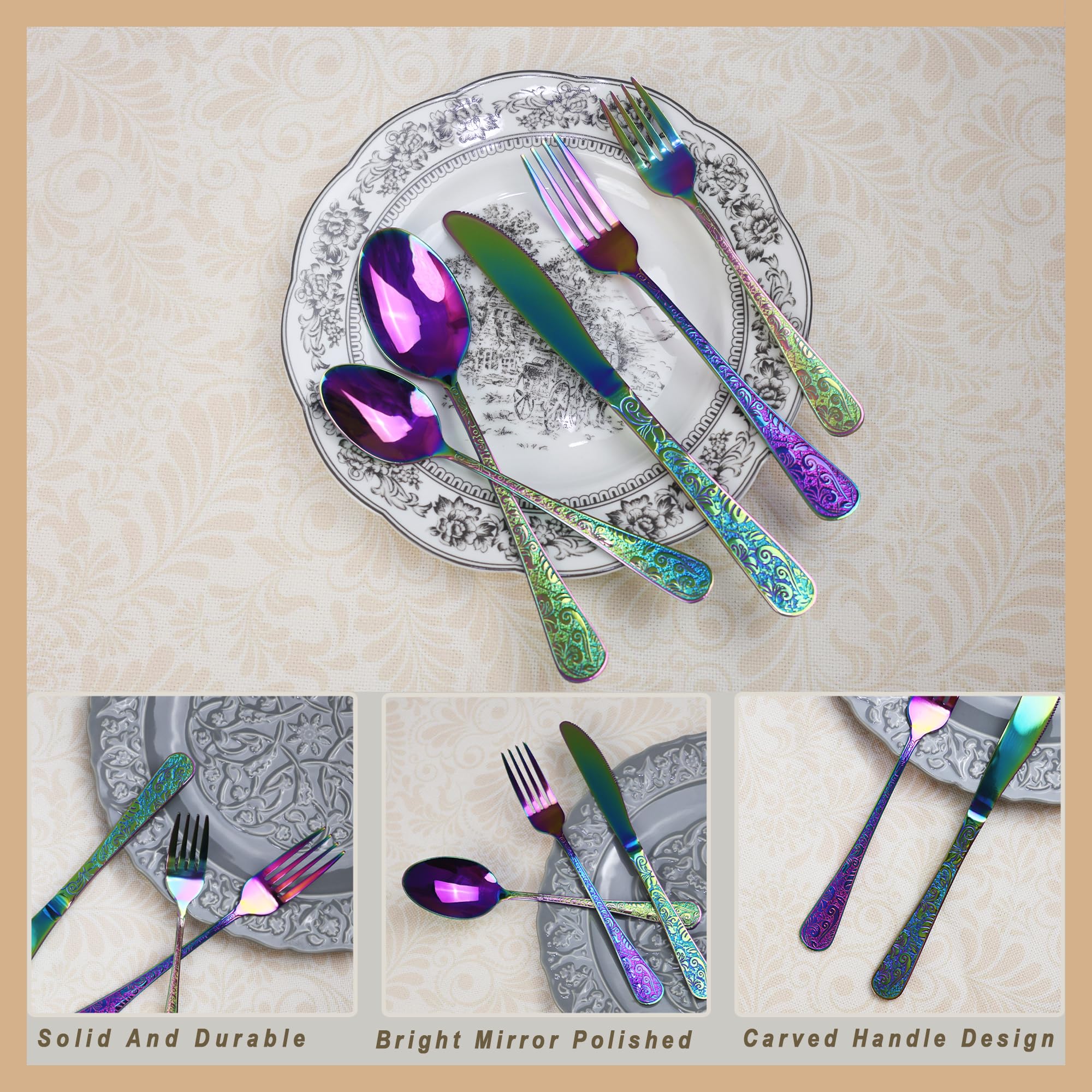 Runfly Vintage Carved Rainbow Stainless Steel 20 Pieces Flatware Set, Colorful Silverware Set, Modern Embossed Cutlery Set Utensils Including Fork Spoon and Knife