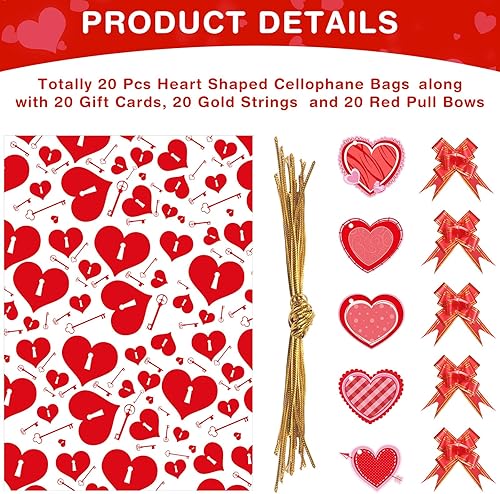 Miniatura 3 de Geyee 80 bolsas grandes de celofán transparente para el día de San Valentín, cestas de tarjetas de corazón rojo, bolsas de envoltura con lazos de