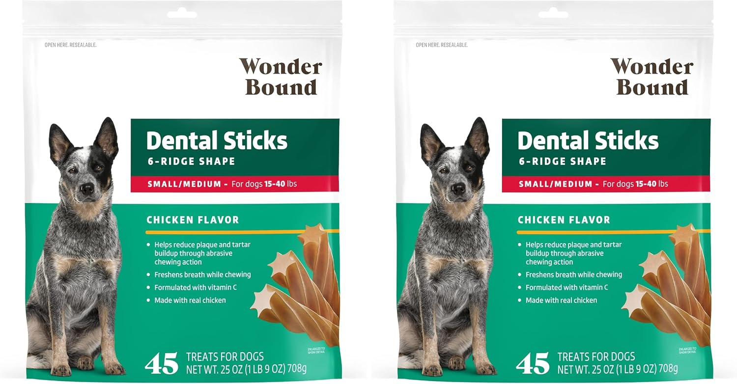 Amazon Brand - Wonder Bound Chicken Flavor Dental Sticks for Small/Medium Dogs (15-40 lbs), 6-Ridge Shape for Plaque & Tartar Control, Freshens Breath, Made with Real Chicken, 45 Count (Pack of 2)