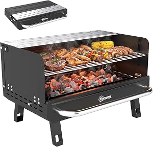 Outsunny Charcoal BBQ Grill, Portable Barbecue Grill with Adjustable Grates, Foldable Legs and Side Shelf for Camping Hiking Picnic Travel Garden Outdoor Cooking, Black