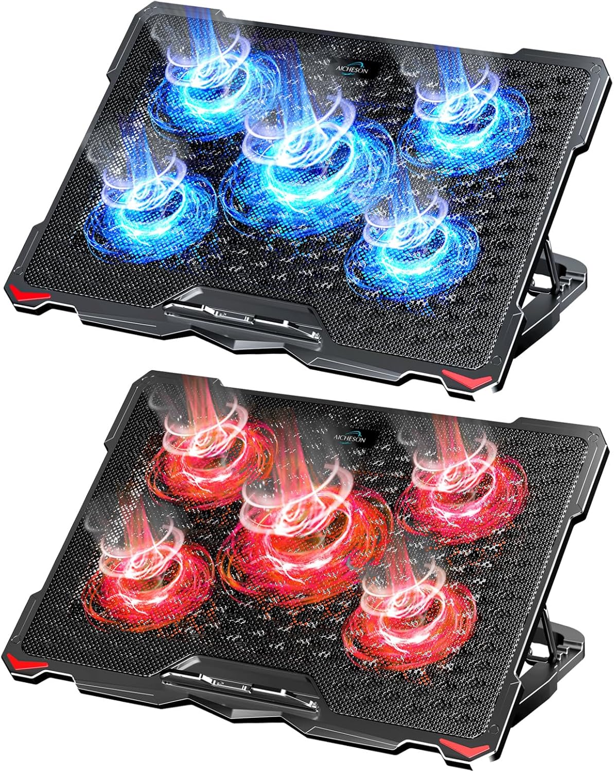 AICHESON 5 Fans Blue & Red Laptop Cooling Pad Combination Set, Ergonomically Multiple Heights