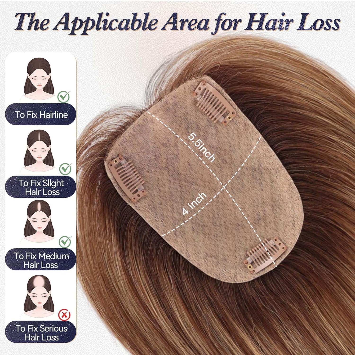 starluck Human Hair Toppers for Women Real Human Hair No Bangs 4 * 5.5 inch Base 12 inch SilkHug Hair Topper for Women Cover Grey Roots(Medium Brown with Highlight)