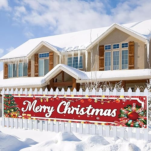 Vista 8 de Cartel de Navidad de 118 x 20 pulgadas, fondo rojo, cajas de regalo, campanas de acebo, sombrero de Papá Noel, decoración de pared, suministros