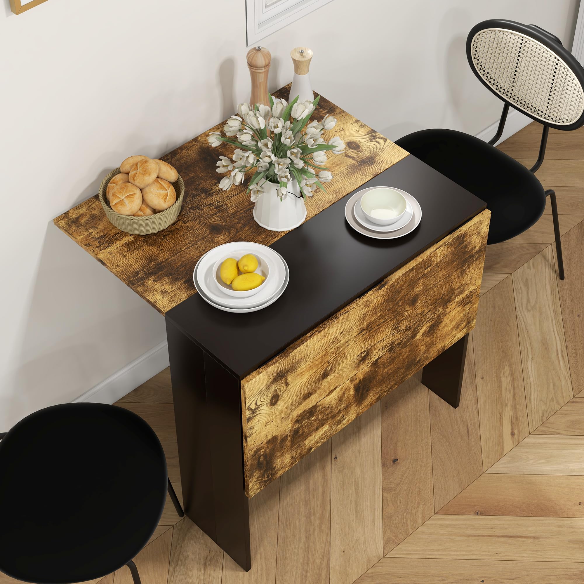 HOMCOM Mesa Plegable de Comedor Alas Abatibles Negro y Marrón Rústico | Mesa de Cocina Plegable, con Alas Abatibles, para Salón, Espacio Pequeño, 103x76x73,5cm