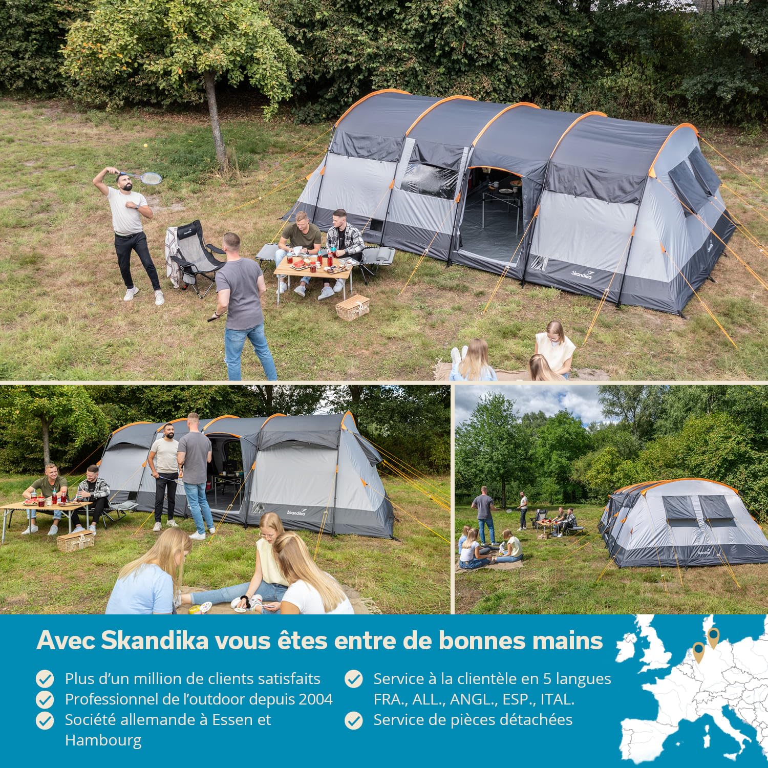 Skandika Tente Tunnel Hurricane pour 12 Personnes | Tente de Camping avec/sans Tapis de Sol Cousu, avec/sans Sleeper Technology, 2 cabines, Colonne d'eau 5000 mm, Hauteur 215 cm