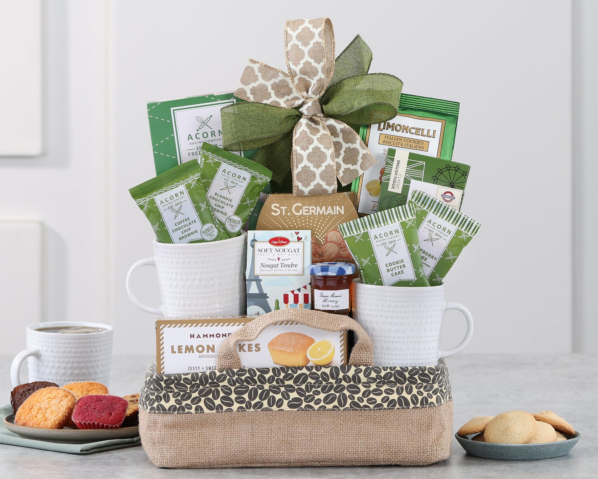 Wine Country Gift Baskets coffee and tea assortment with mugs