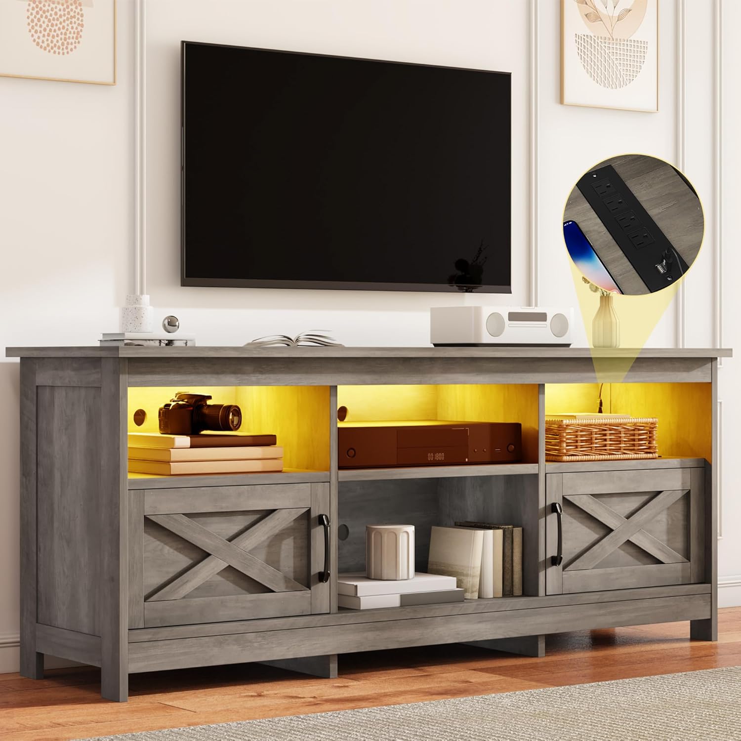 dwvo farmhouse tv stand with power outlets & led lights, entertainment center for tvs up to 80", tv console with storage cabinets & open shelves for living room (washed grey) washed grey 70"