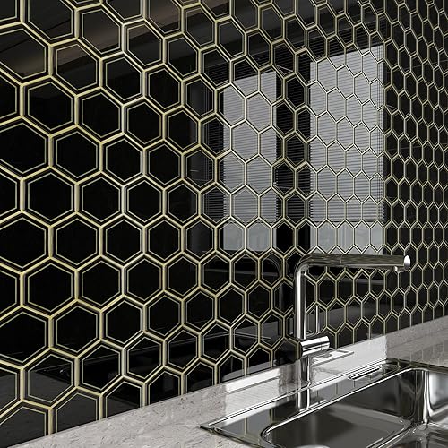 Miniatura 6 de Livelynine Azulejos hexagonales de 12 x 12 pulgadas, color negro y dorado para cocina, azulejos autoadhesivos para cocina, azulejos de pared,