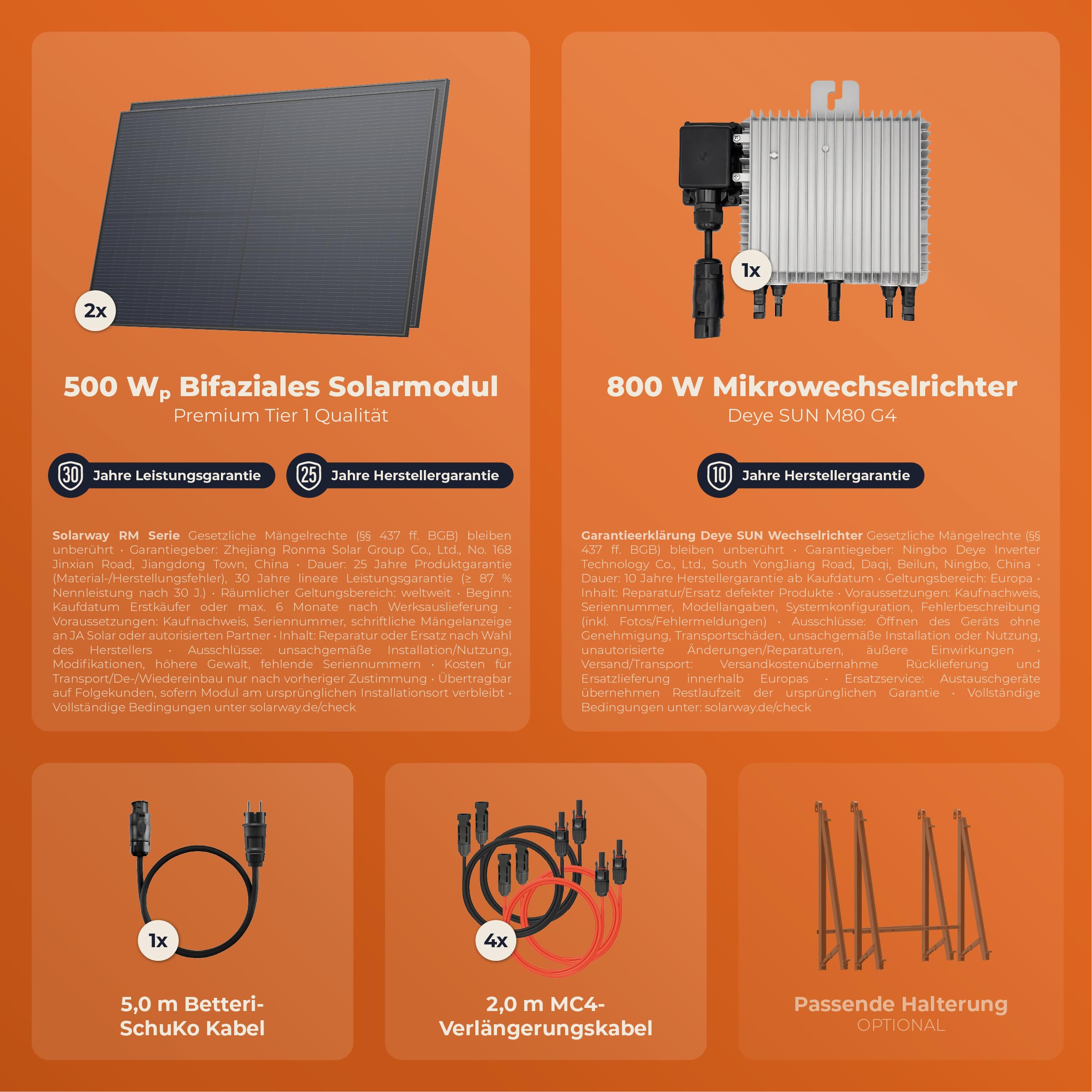 Solarway® 1000Wp / 800W Balkonkraftwerk - Deye SUN-M80G4-EU-Q0 800 Watt Wechselrichter - Komplettset mit 500W Solarmodulen, Wechselrichter & Zubehör – steckerfertige Mini-Solaranlage für die Steckdose