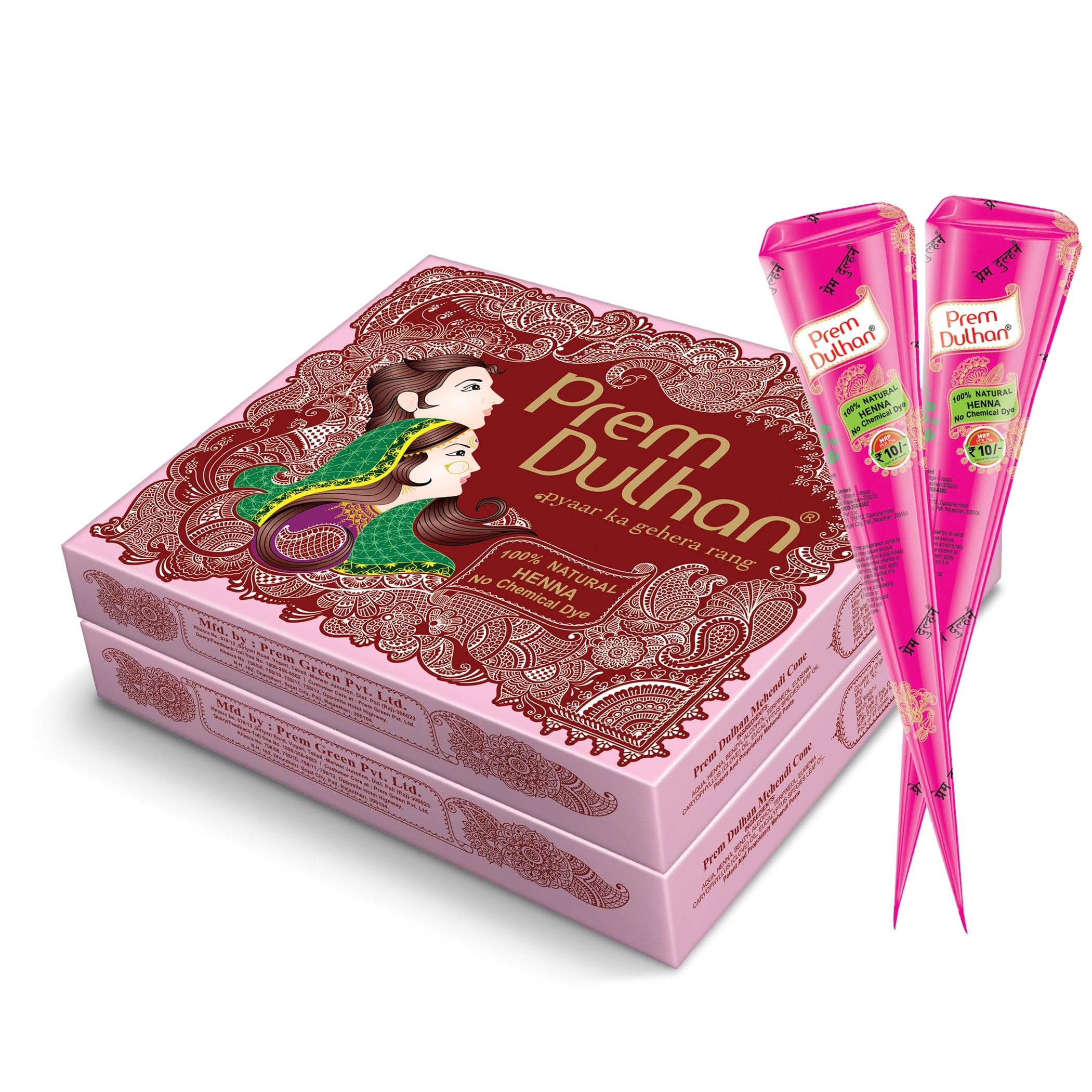 Prem Dulhan Hand Designing | Without Chemical | Long Lasting | For Men Women | Of 12 Pieces | Natural Mehandi Cone - 350 GRM (Pink, Pack of 2)-image-49