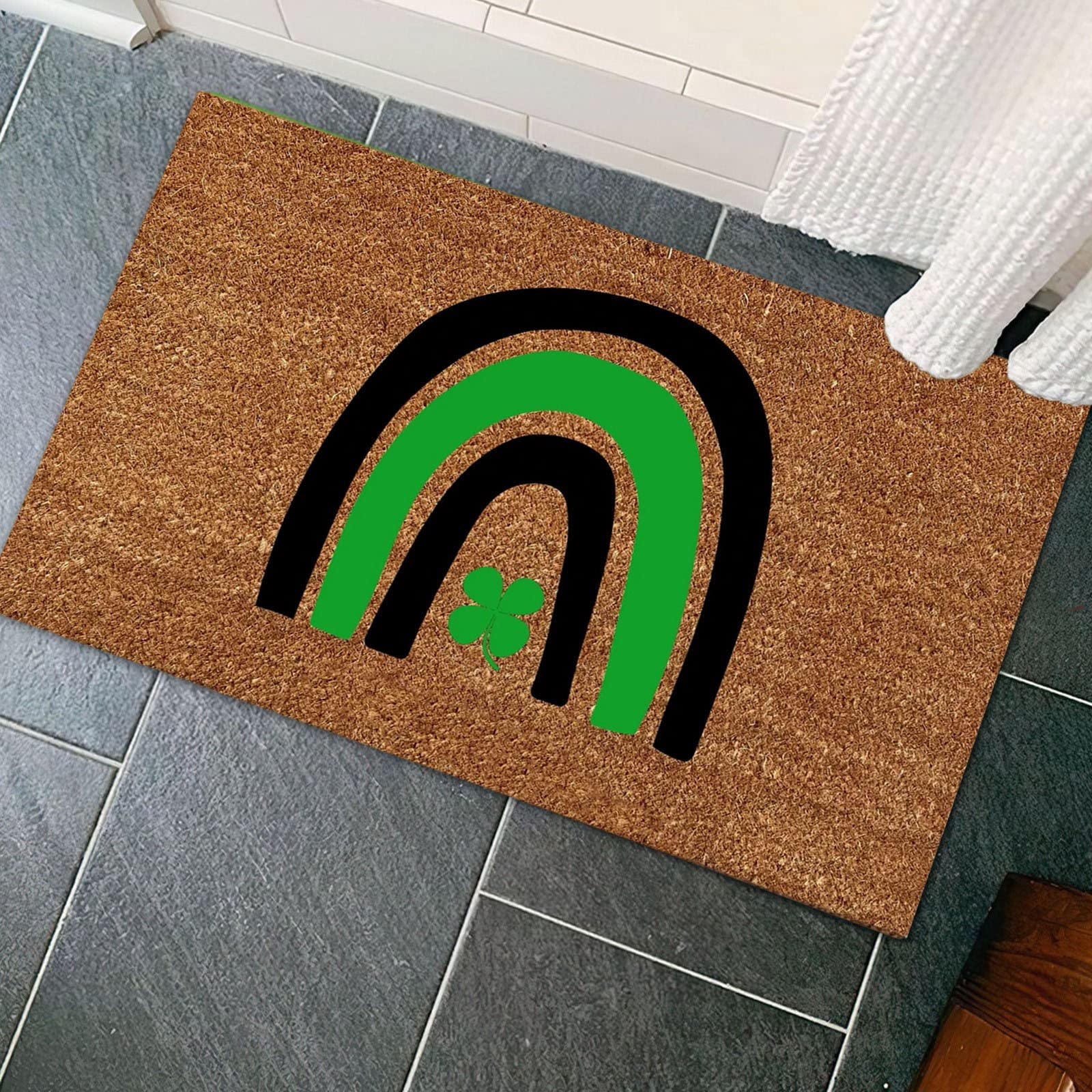 St. Patricks Day Door Mat Rubber Good Luck Outdoor Clover Rug Hello St Patricks Day Kitchen Rug Dog Paw Cleaning Mat