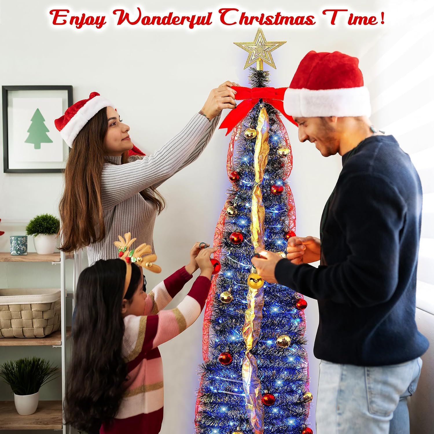 5Ft Prelit Tinsel Pop Up Christmas Tree with Ornament,Fully Decorated Collapsible Pencil Christmas Tree with DIY Multicolor Pink Lights Modes,App-Controlled Xmas Trees for Easter Holiday Home Decor