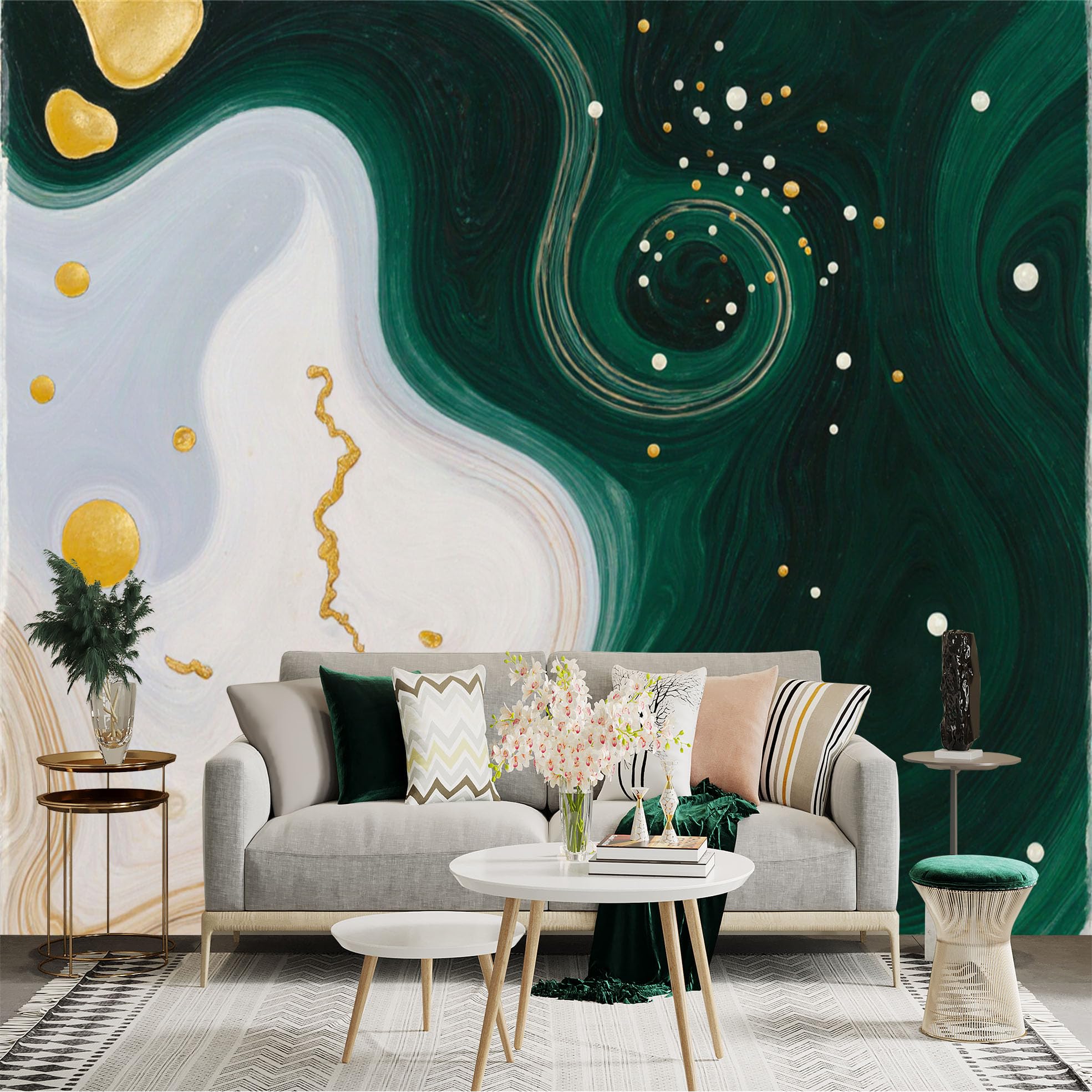 Custom Size Wall Sticker Mural， Abstract Fluid Art， Emerald Green and Gold Swirls， Modern Marble Texture， Elegant Home Decor， for wall Decoration， peelandstick wall Decals.