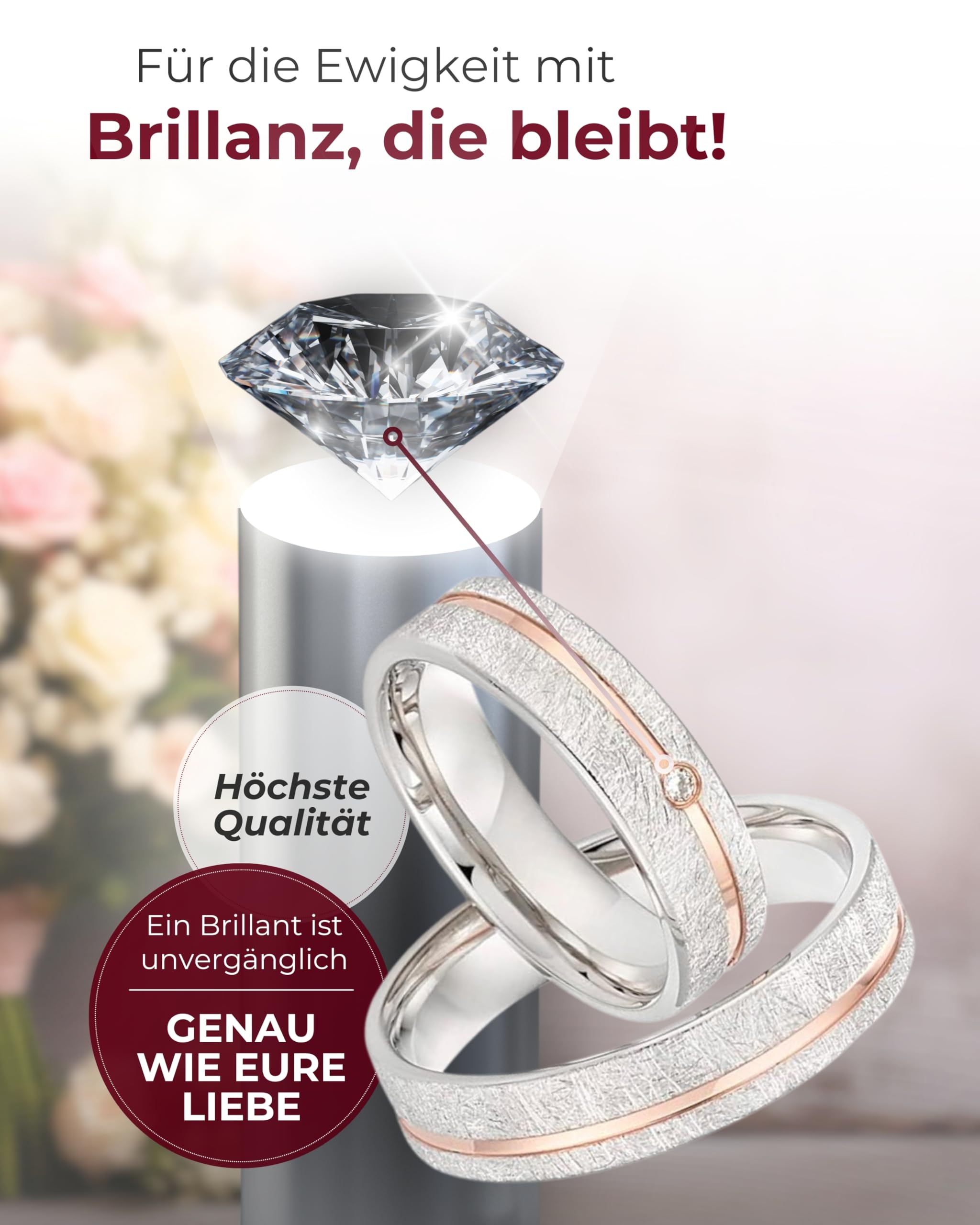 123traumringe Eheringe in 925 Silber I Partnerringe mit Etui & Gravur I Damenring mit 1 Brillant I Ringgröße 50-62 mm / 54-72 mm I Hochwertige Verlobungsringe in 5 mm Breite & 1,5 mm Stärke I P44