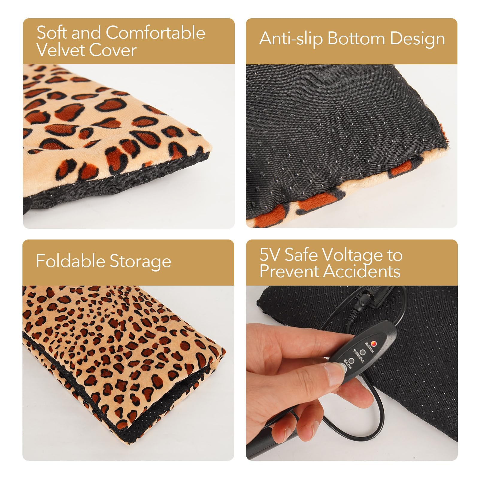 Coussin chauffant portable pour chats, chiots et petits animaux de compagnie, 3 réglages de température, lavable, tension 5 V, idéal pour l'intérieur et l'extérieur, 38,1 x 48,3 x 1,5 cm