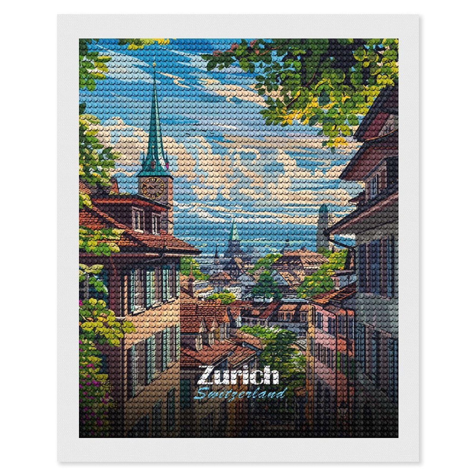 Junmoney Zurich, Switzerland Cityscape Art Full Drill Diamond Painting Kit 16"x20", Sparkling Round Gems, Decorate Your Room, Mindful Craft Activity