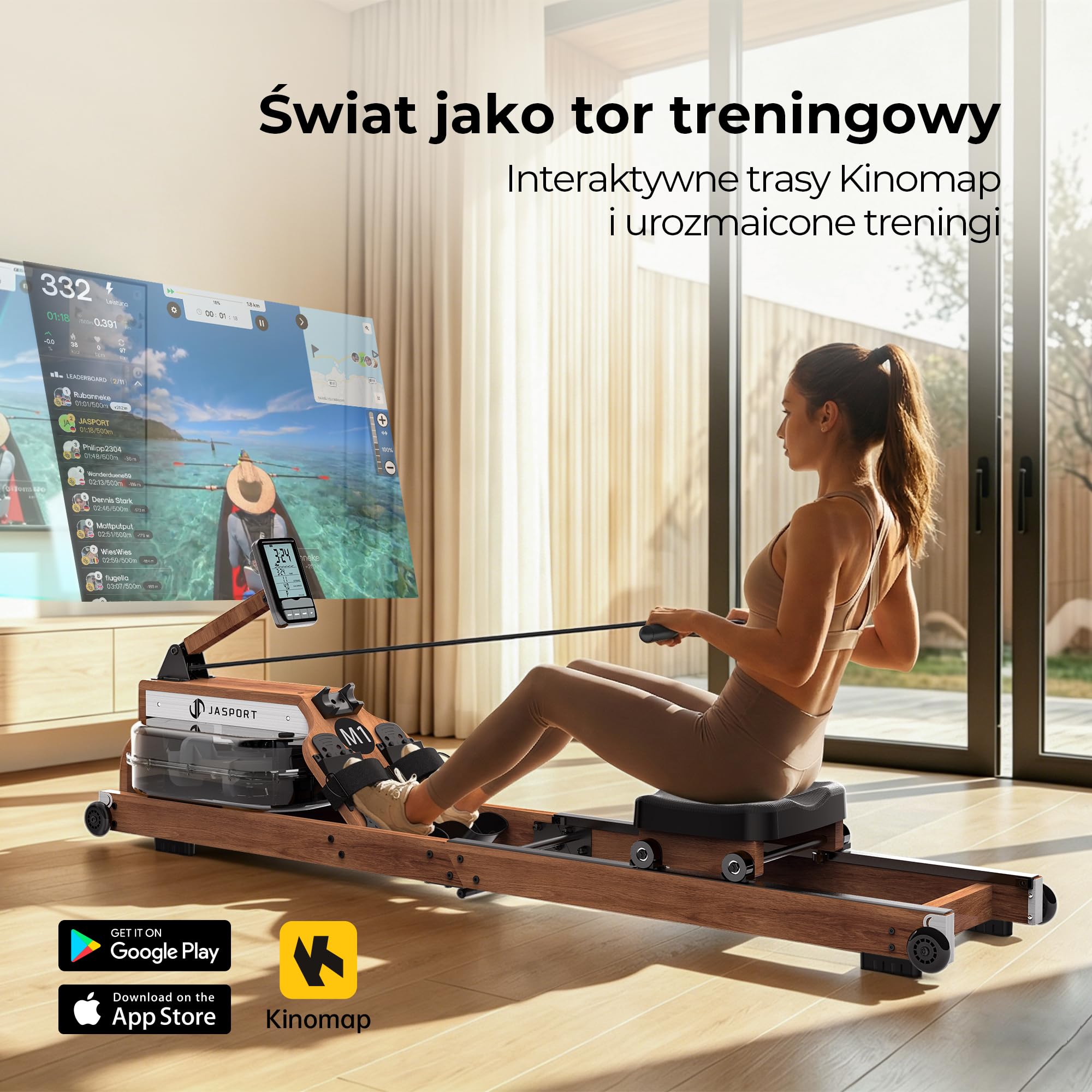 M1 wioślarz do domu – składany i zajmuje mało miejsca, z drewna kauczukowego z certyfikatem FSC, ze zbiornikiem na wodę 20 l, monitor LCD, Bluetooth, kompatybilny z mapą kinową, uchwyt na