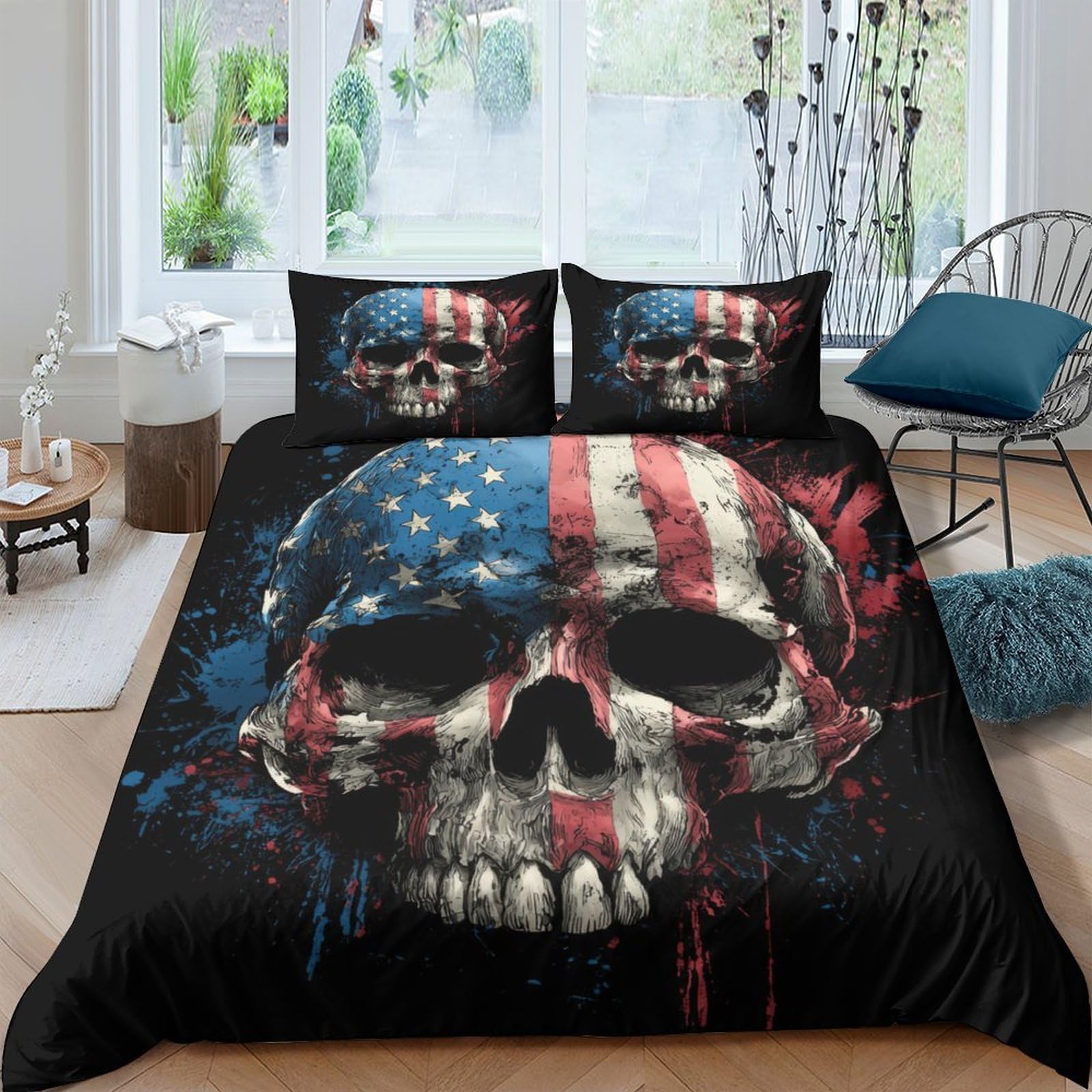 GPLZQXKJNH 3D Printed Skull American Flag Duvet Cover Microfiber Soft Breathable Patriotic Bedding Set with 2 Pillowcases for Bedroom Decor Single（135x200cm）