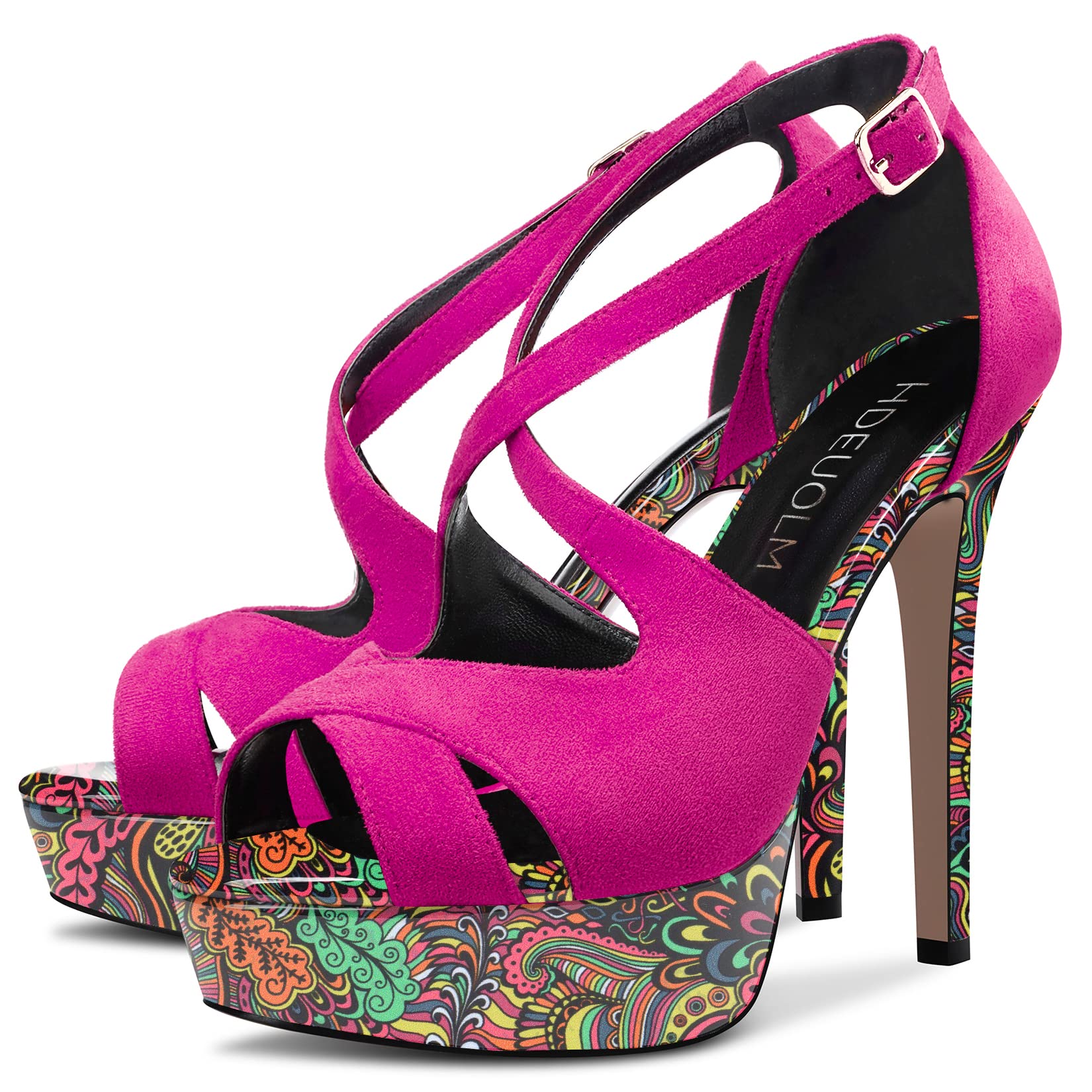 HDEUOLM Women Stiletto High Platform Heel Peep Open Toe Sandals Ankle Strap Wedding Dress 4.7 Inches Heels: 6 Peach Multicolor