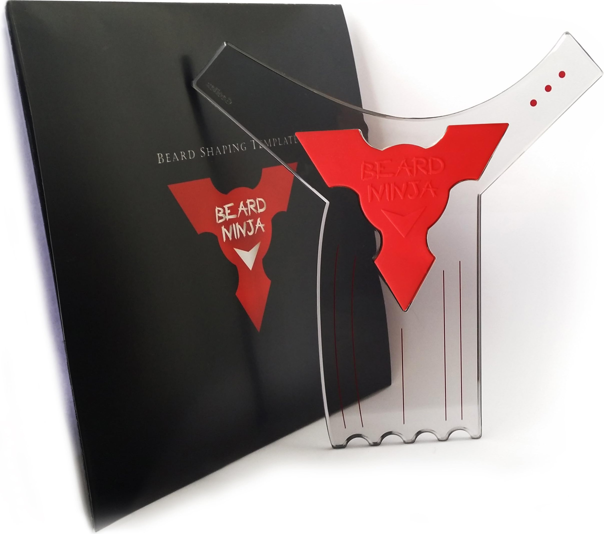 The BEARD NINJA - Beard Shaping Tool Template. Clear Shaper Guide for Lineup & Edging. Transparent Stencil Styling Goatee, Mustache & Neckline + Curve/Step or Straight Cut +Anti-Slip Grip (Red)